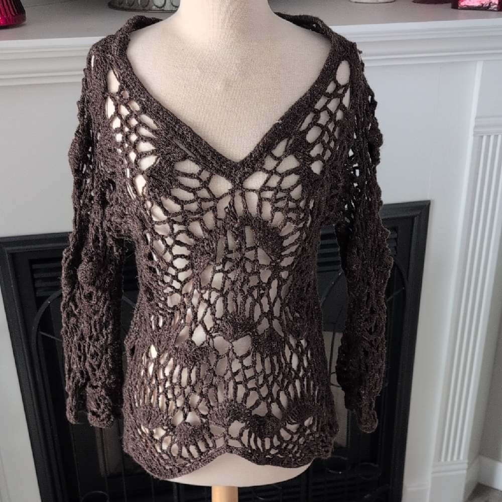 Free People Dark Brown Wool Crochet V-Neck Sweater
